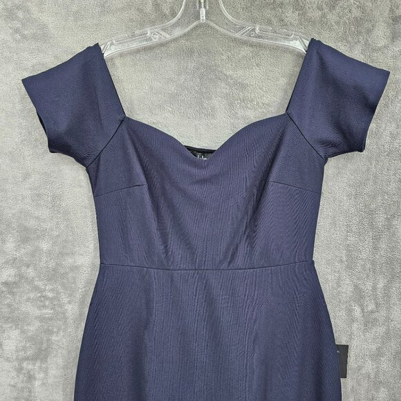 Lulus How Much I Care Off Shoulder Midi Dress L Navy Blue Trumpet Hi Low Hem New - Picture 4 of 14